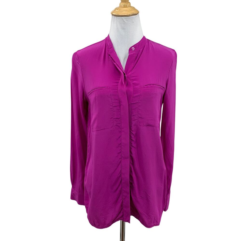 Vince Shirt Womens 2 Cerise Silk Long Sleeve Mandarin Collar Longline Pocket